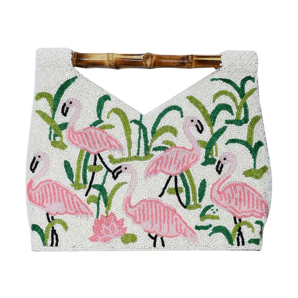 Chic Flamingo Embroidered Shoulder Bag with Bamboo Handle